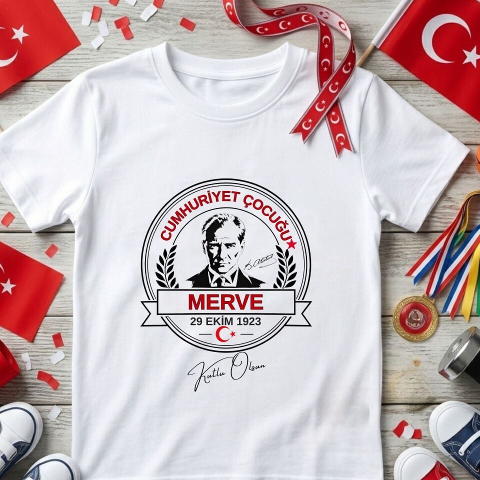 Kişiye Özel İsimli Cumhuriyet Çocuğu Tişörtü – Atatürk Portreli ve İmzalı 29 Ekim Çocuk Tişörtü