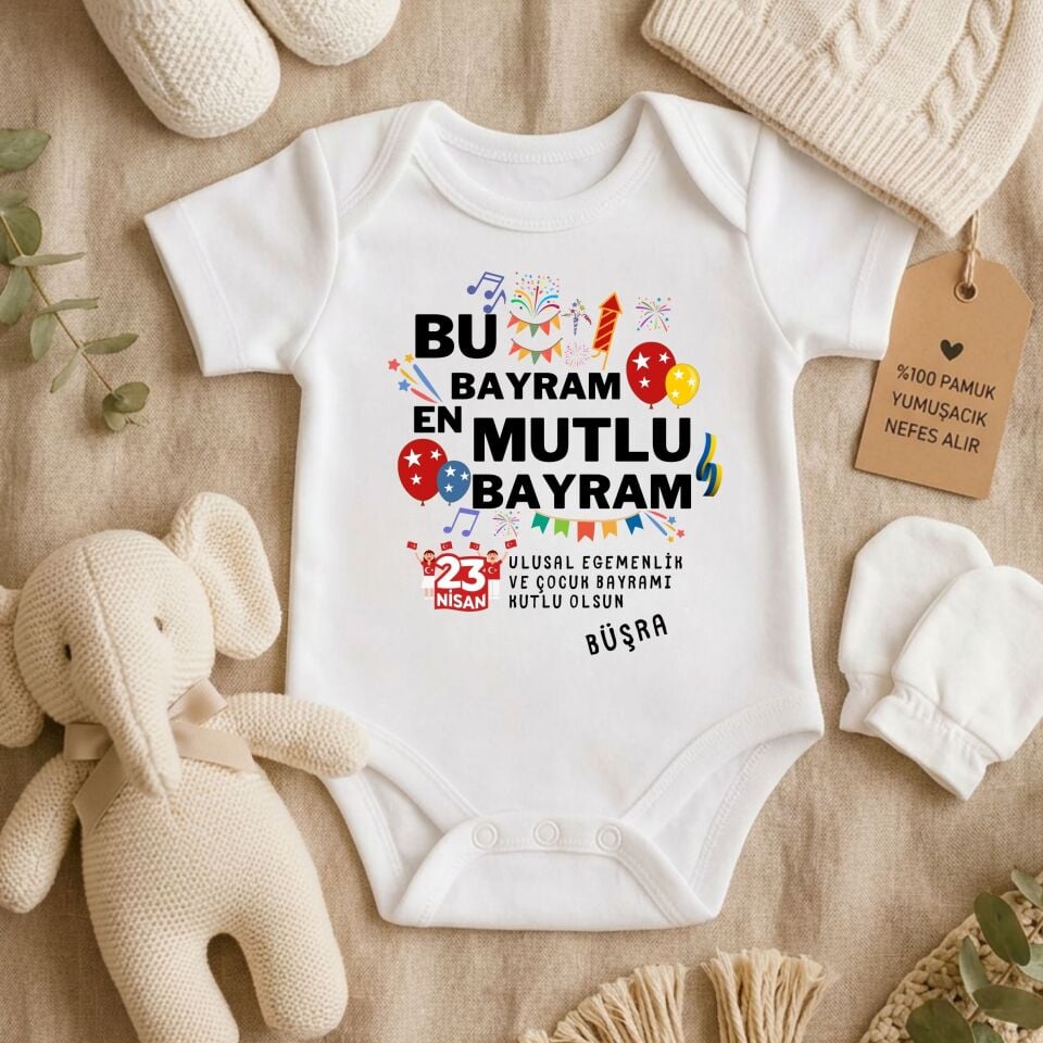 Kişiye Özel İsimli 23 Nisan Bebek Zıbını - %100 Pamuk