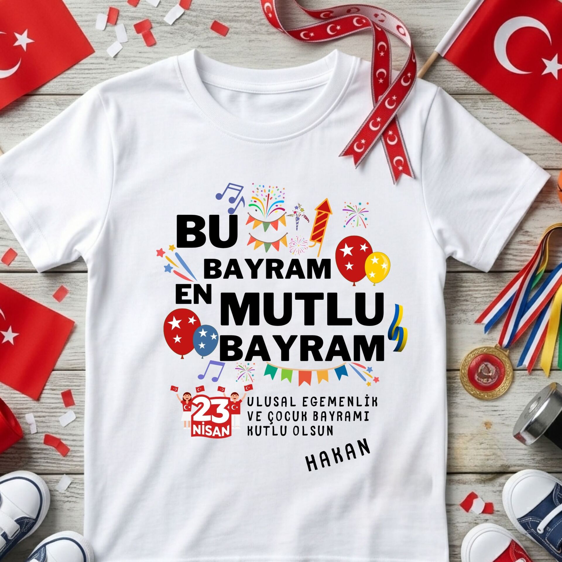 Kişiye Özel İsimli 23 Nisan Çocuk Tişörtü - %100 Pamuk