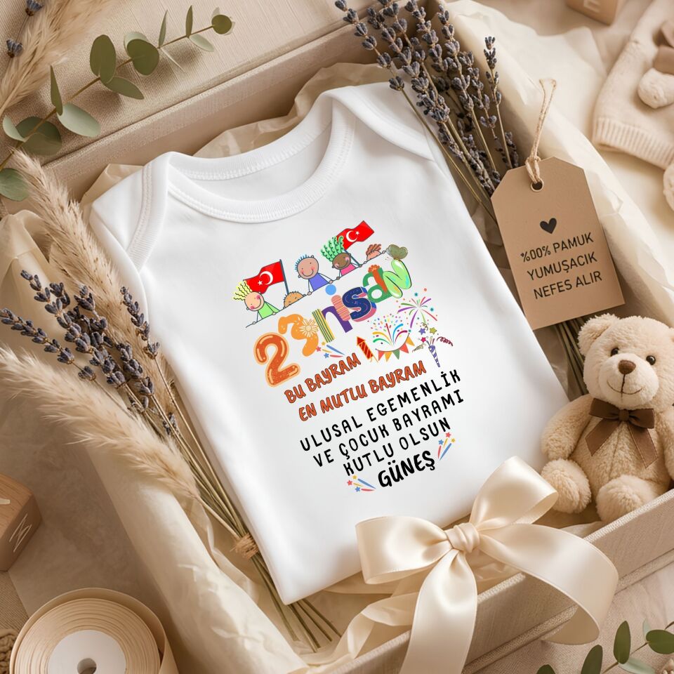 Kişiye Özel İsimli 23 Nisan Bebek Zıbını - %100 Pamuklu Ulusal Egemenlik ve Çocuk Bayramı Baskılı Bodysuit