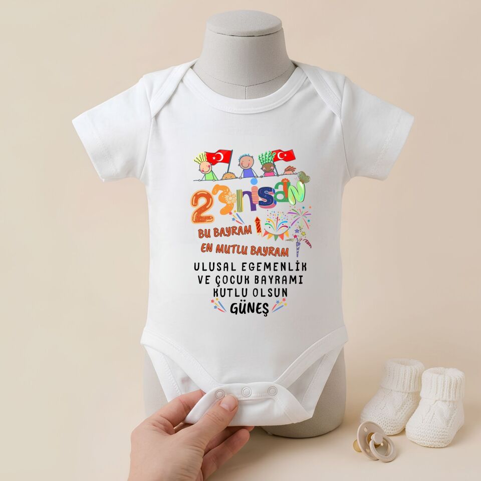 Kişiye Özel İsimli 23 Nisan Bebek Zıbını - %100 Pamuklu Ulusal Egemenlik ve Çocuk Bayramı Baskılı Bodysuit