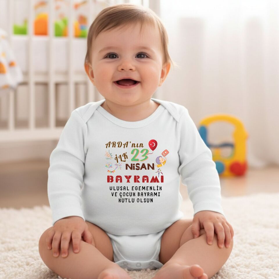 ''İlk 23 Nisan'' Yazılı Kişiye Özel Bebek Zıbın - İsme Özel Bayramlık Bebek Body