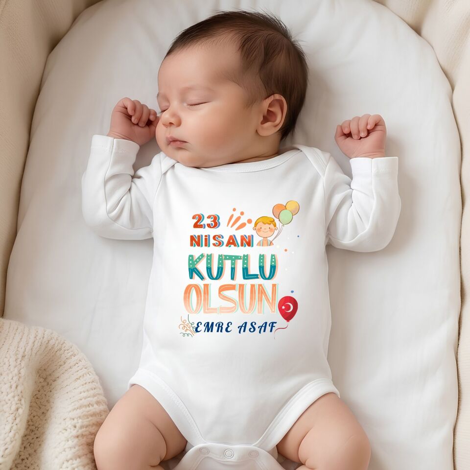 ''23 Nisan Kutlu Olsun'' Yazılı Kişiye Özel Bebek Zıbın