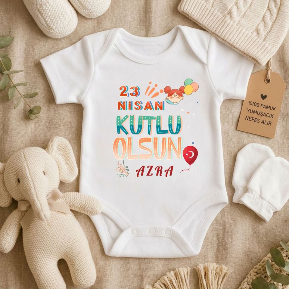 ''23 Nisan Kutlu Olsun'' Yazılı Kişiye Özel Bebek Zıbın
