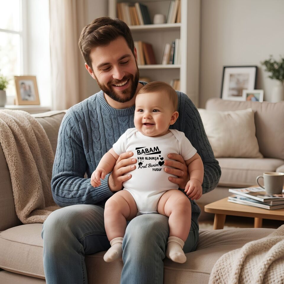 ''Babam Var Oldukça Kral Benim'' Yazılı Kişiye Özel Bebek Zıbın
