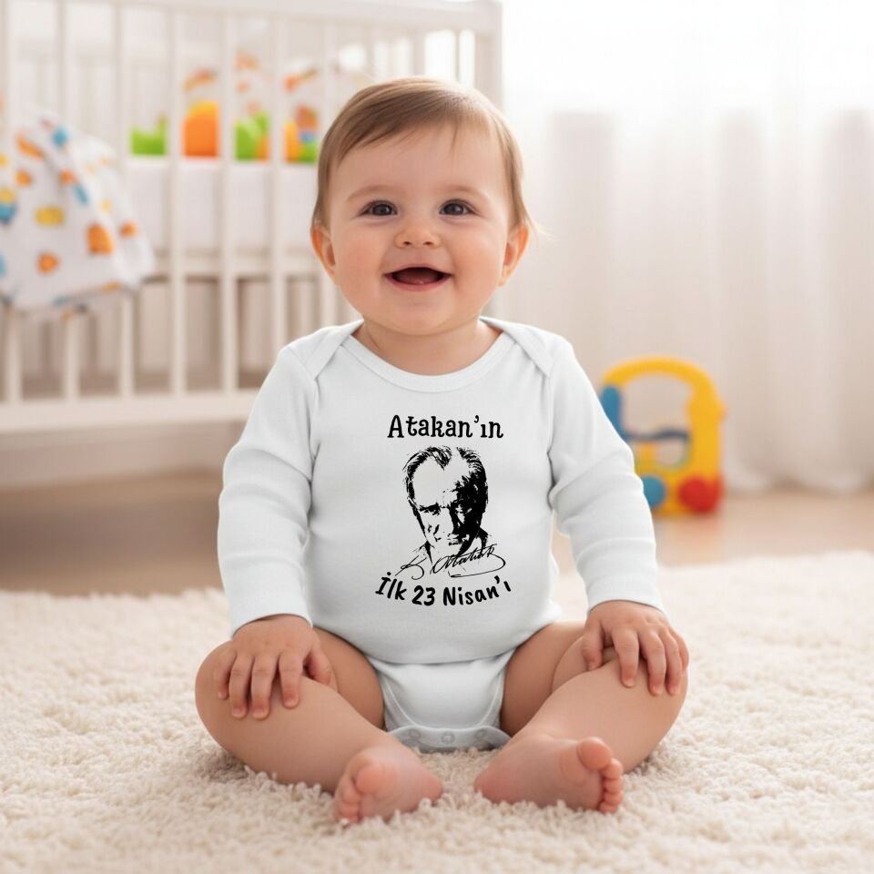 İlk 23 Nisan Bebek Zıbını - Atatürk İmzalı İsme Özel Yenidoğan Body