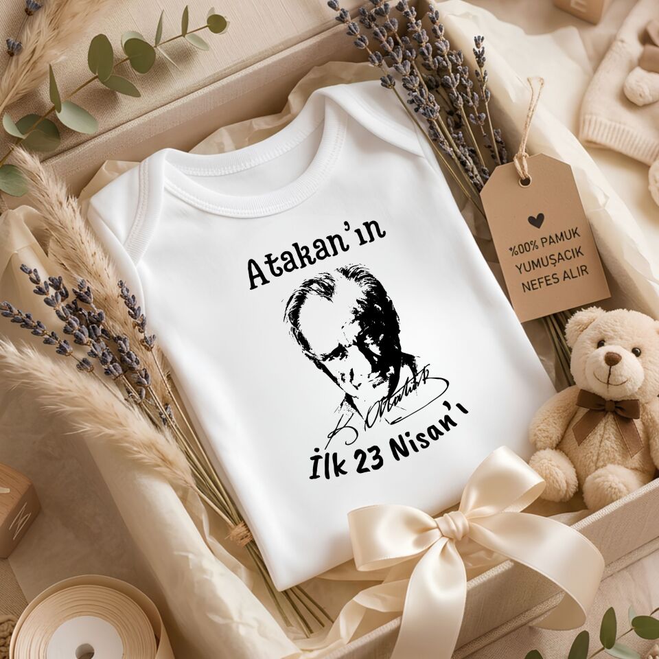 İlk 23 Nisan Bebek Zıbını - Atatürk İmzalı İsme Özel Yenidoğan Body