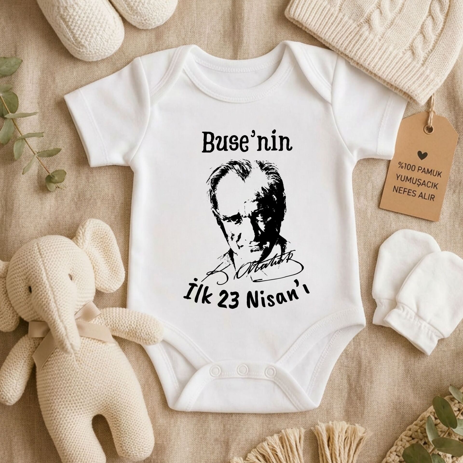 İlk 23 Nisan Bebek Zıbını - Atatürk İmzalı İsme Özel Yenidoğan Body
