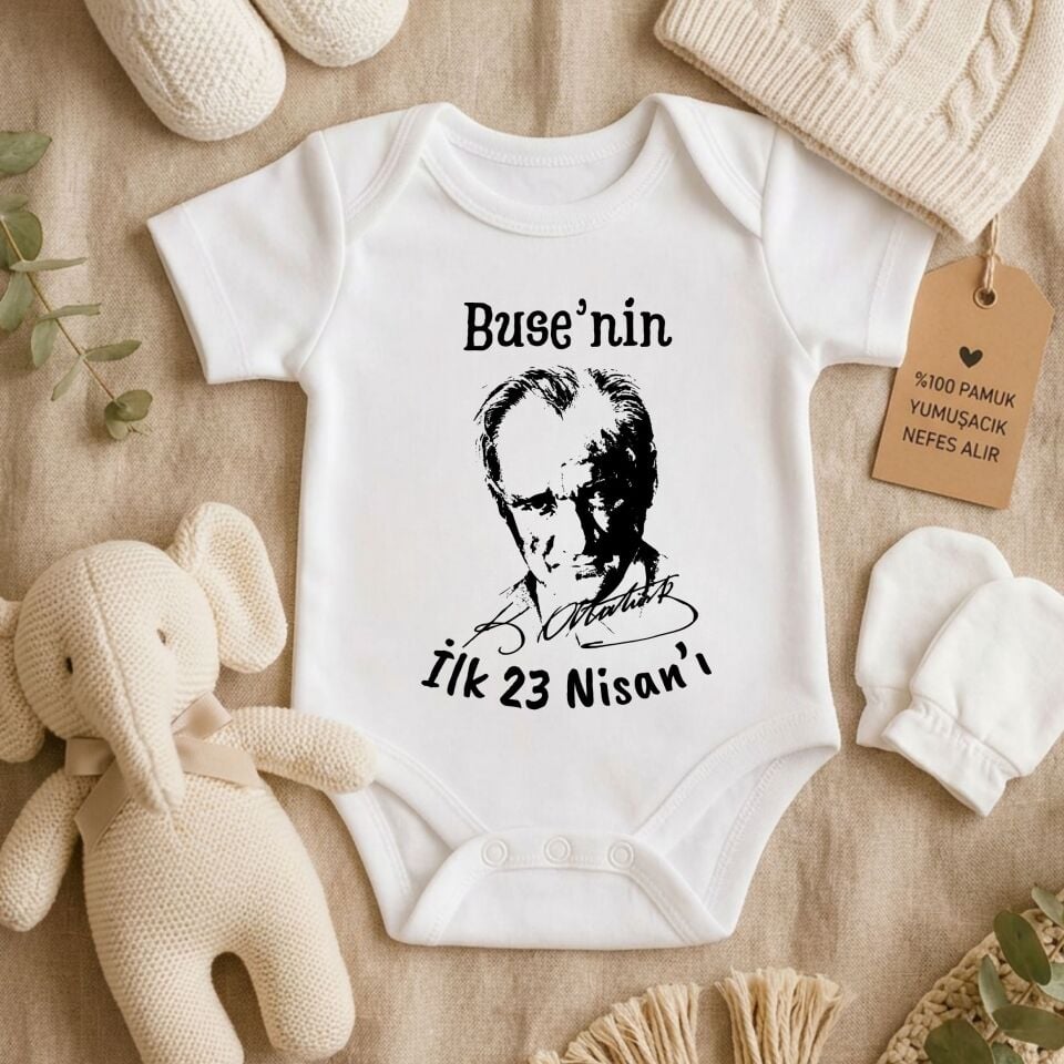 İlk 23 Nisan Bebek Zıbını - Atatürk İmzalı İsme Özel Yenidoğan Body