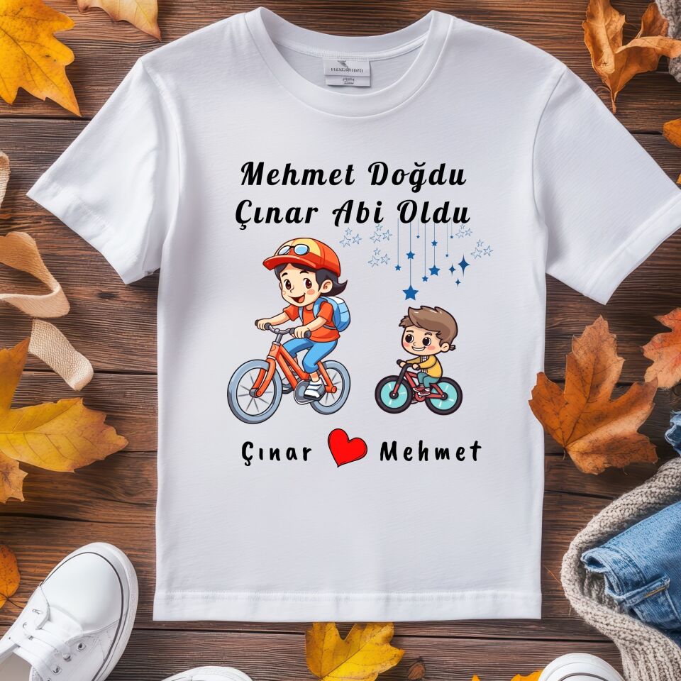 Bisiklet Temalı Kişiye Özel Çocuk Tişörtü ve Kişiye Özel Bebek Zıbın Abi Kardeş Kombin Seti