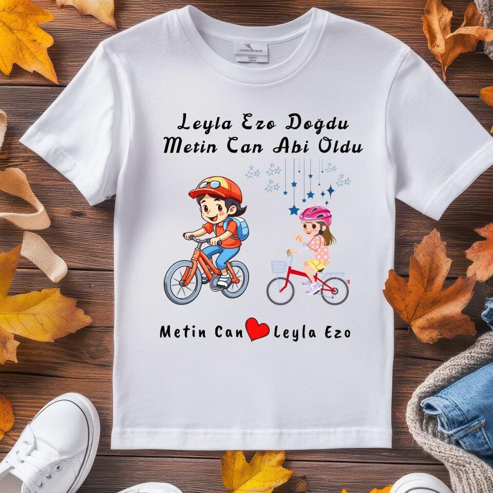 Bisiklet Temalı Kişiye Özel Çocuk Tişörtü ve Kişiye Özel Bebek Zıbın Abi Kardeş Kombin Seti