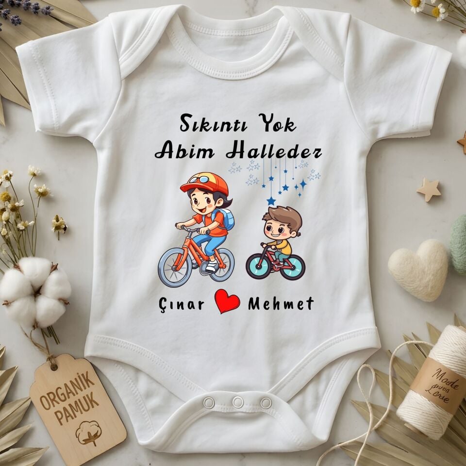 Bisiklet Temalı Kişiye Özel Çocuk Tişörtü ve Kişiye Özel Bebek Zıbın Abi Kardeş Kombin Seti