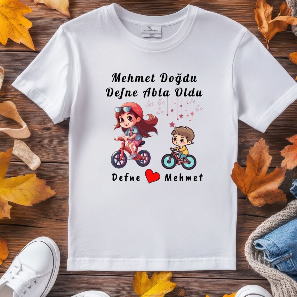 Bisiklet Temalı Kişiye Özel Çocuk Tişörtü ve Kişiye Özel Bebek Zıbın Abla Kardeş Kombin Seti