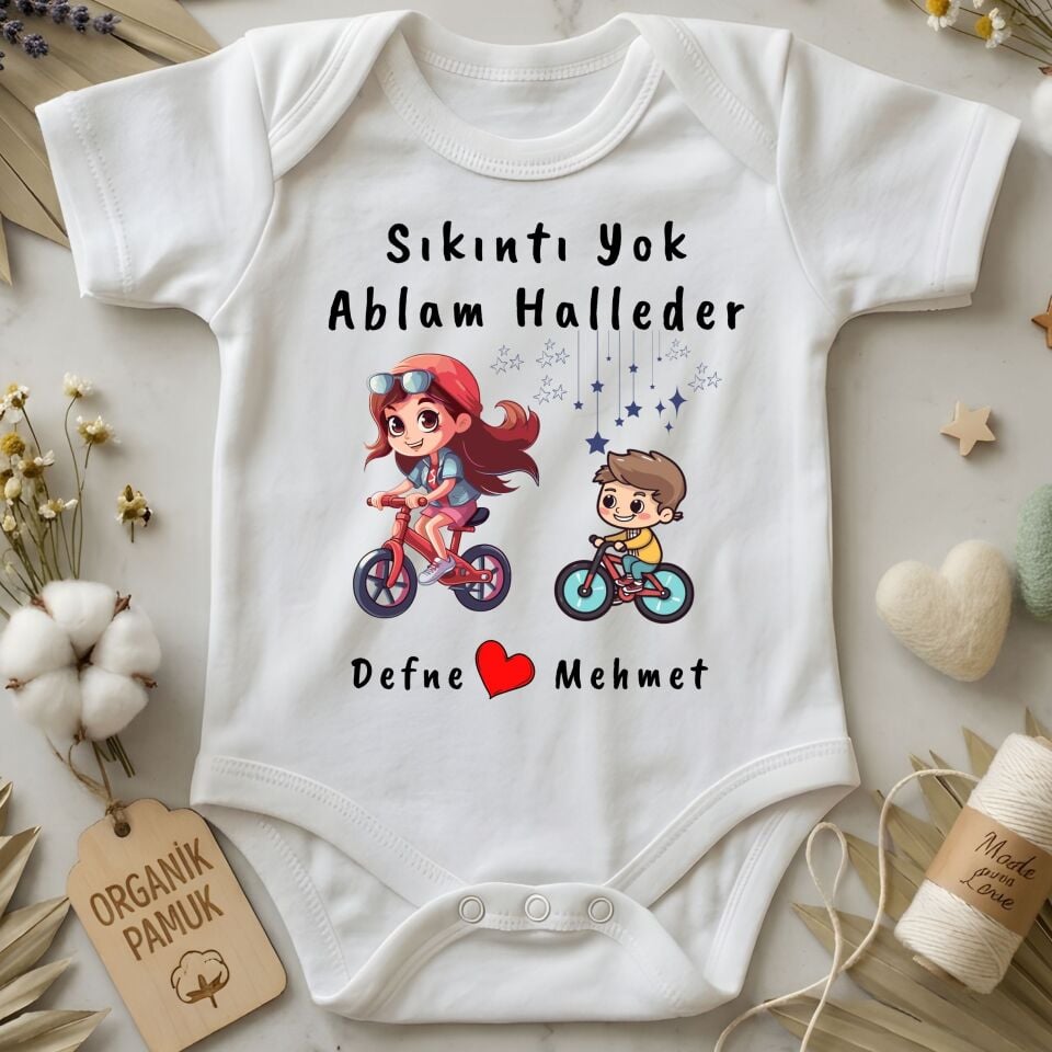 Bisiklet Temalı Kişiye Özel Çocuk Tişörtü ve Kişiye Özel Bebek Zıbın Abla Kardeş Kombin Seti