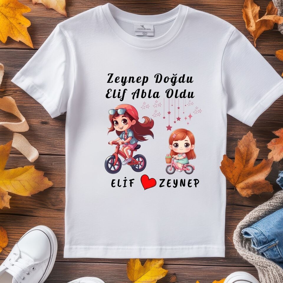 Bisiklet Temalı Kişiye Özel Çocuk Tişörtü ve Kişiye Özel Bebek Zıbın Abla Kardeş Kombin Seti