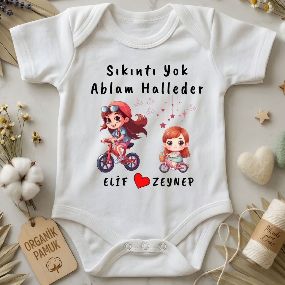 Bisiklet Temalı Kişiye Özel Çocuk Tişörtü ve Kişiye Özel Bebek Zıbın Abla Kardeş Kombin Seti