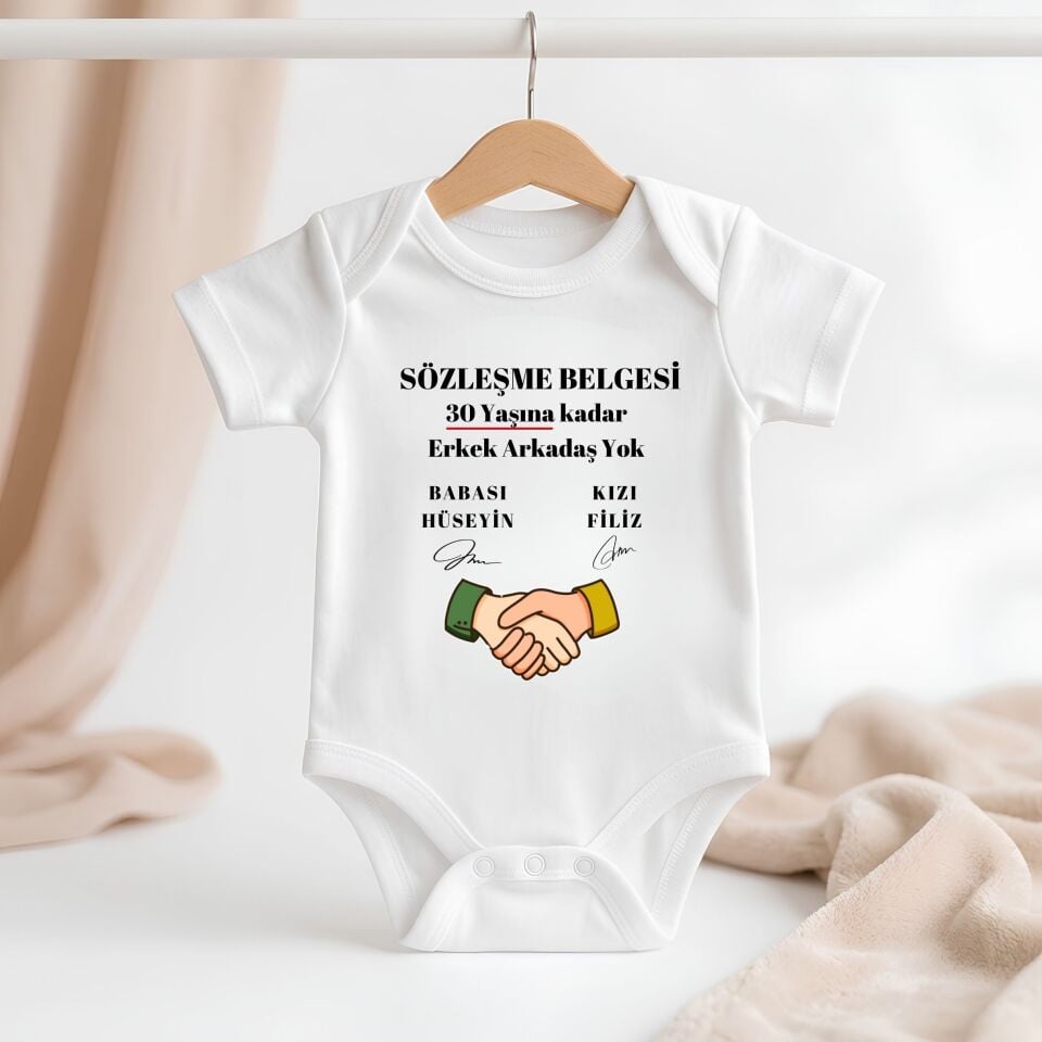 ''Sözleşme Belgesi'' Yazılı Kişiye Özel Bebek Zıbın - Babaya Özel Esprili Pamuklu Bebek Body