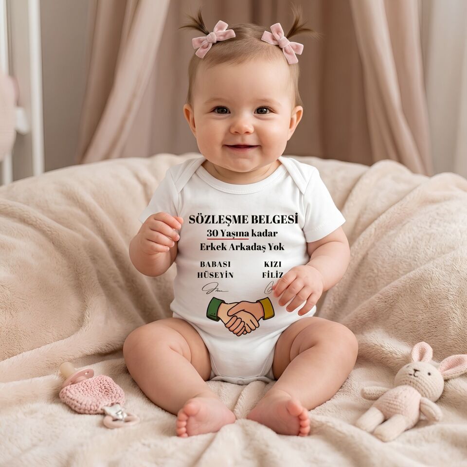 ''Sözleşme Belgesi'' Yazılı Kişiye Özel Bebek Zıbın - Babaya Özel Esprili Pamuklu Bebek Body