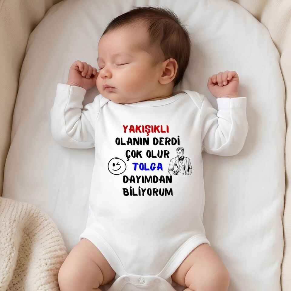 ''Yakışıklı Olanın Derdi Çok Olur'' Yazılı Kişiye Özel Bebek Zıbın - Amcaya ve Dayıya En Esprili Hediye