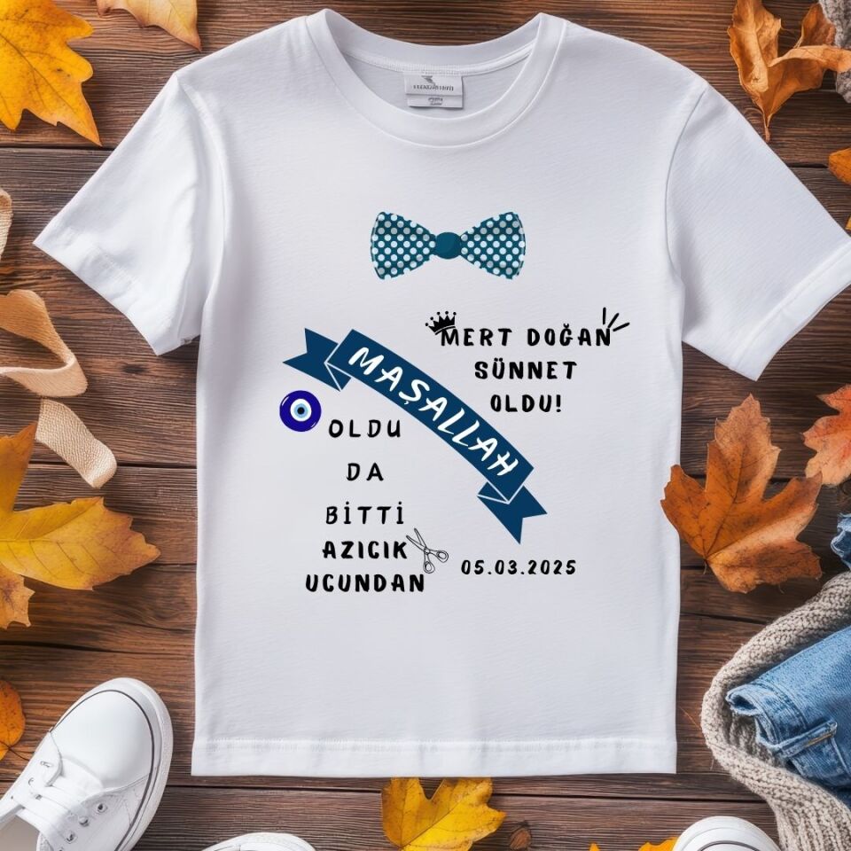 ''Oldu da Bitti Maşallah'' Yazılı Kişiye Özel Sünnet Tişörtü - Nazar Boncuklu ve Papyonlu Sünnet Hatırası