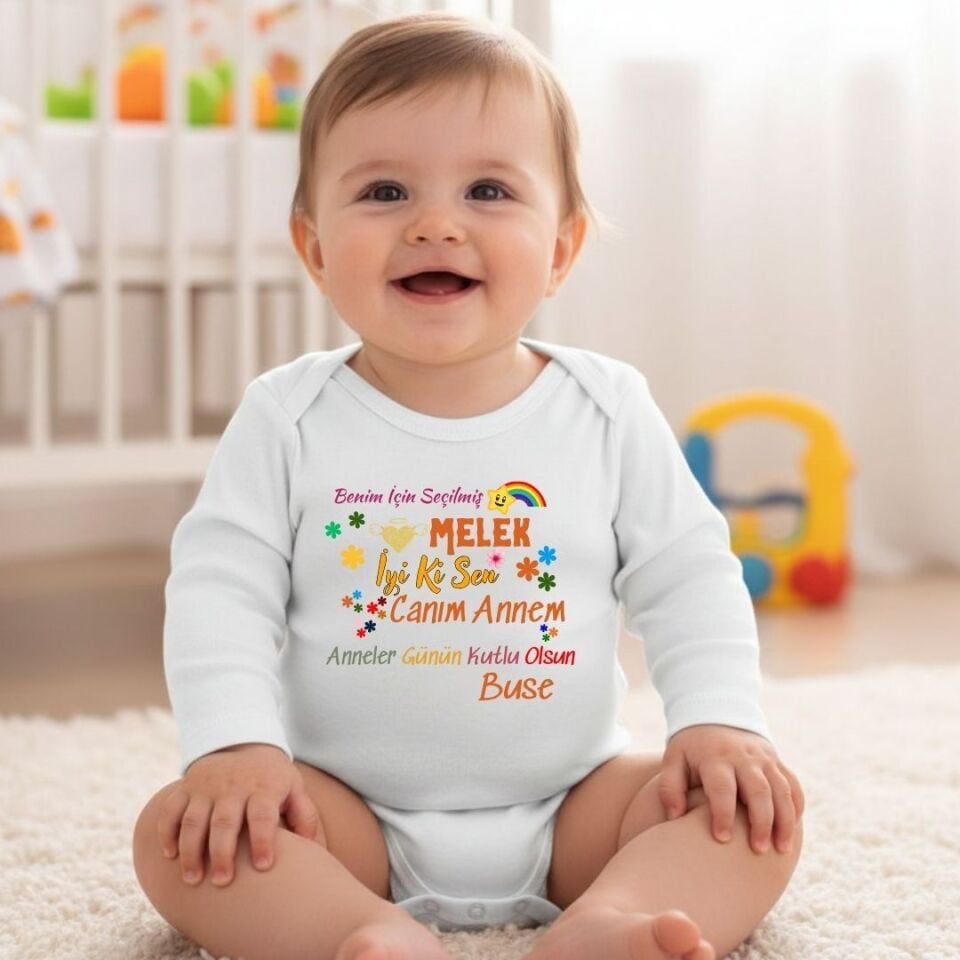 ''Benim İçin Seçilmiş Melek'' Yazılı Kişiye Özel Bebek Zıbın - Anneye En Renkli ve Anlamlı Hediye