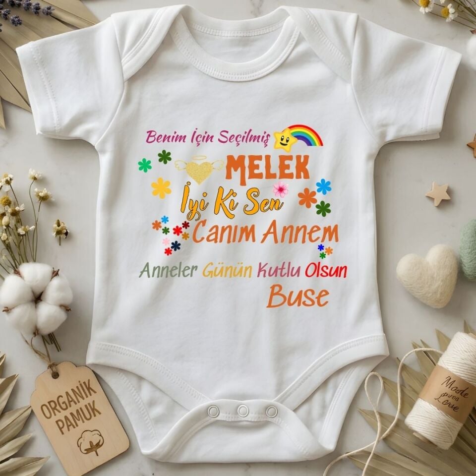 ''Benim İçin Seçilmiş Melek'' Yazılı Kişiye Özel Bebek Zıbın - Anneye En Renkli ve Anlamlı Hediye