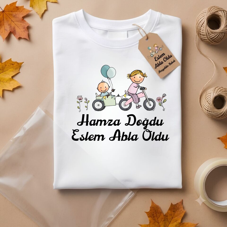 ''Abla Oldu'' Yazılı Kişiye Özel Çocuk Tişörtü - Kardeş Temalı Pamuklu Tişört