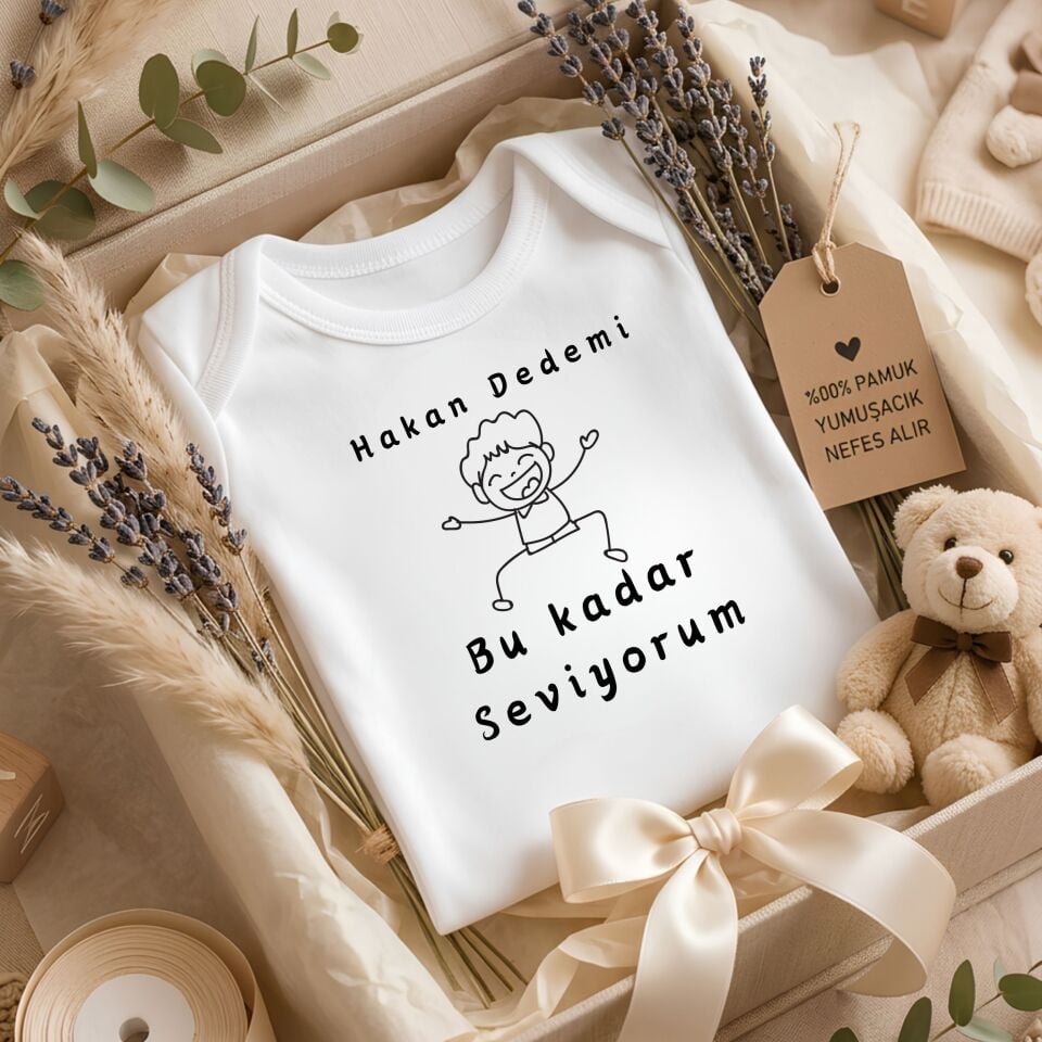 ''Dedemi Bu Kadar Seviyorum'' Yazılı Kişiye Özel Bebek Zıbın - İsme Özel Pamuklu Bebek Body