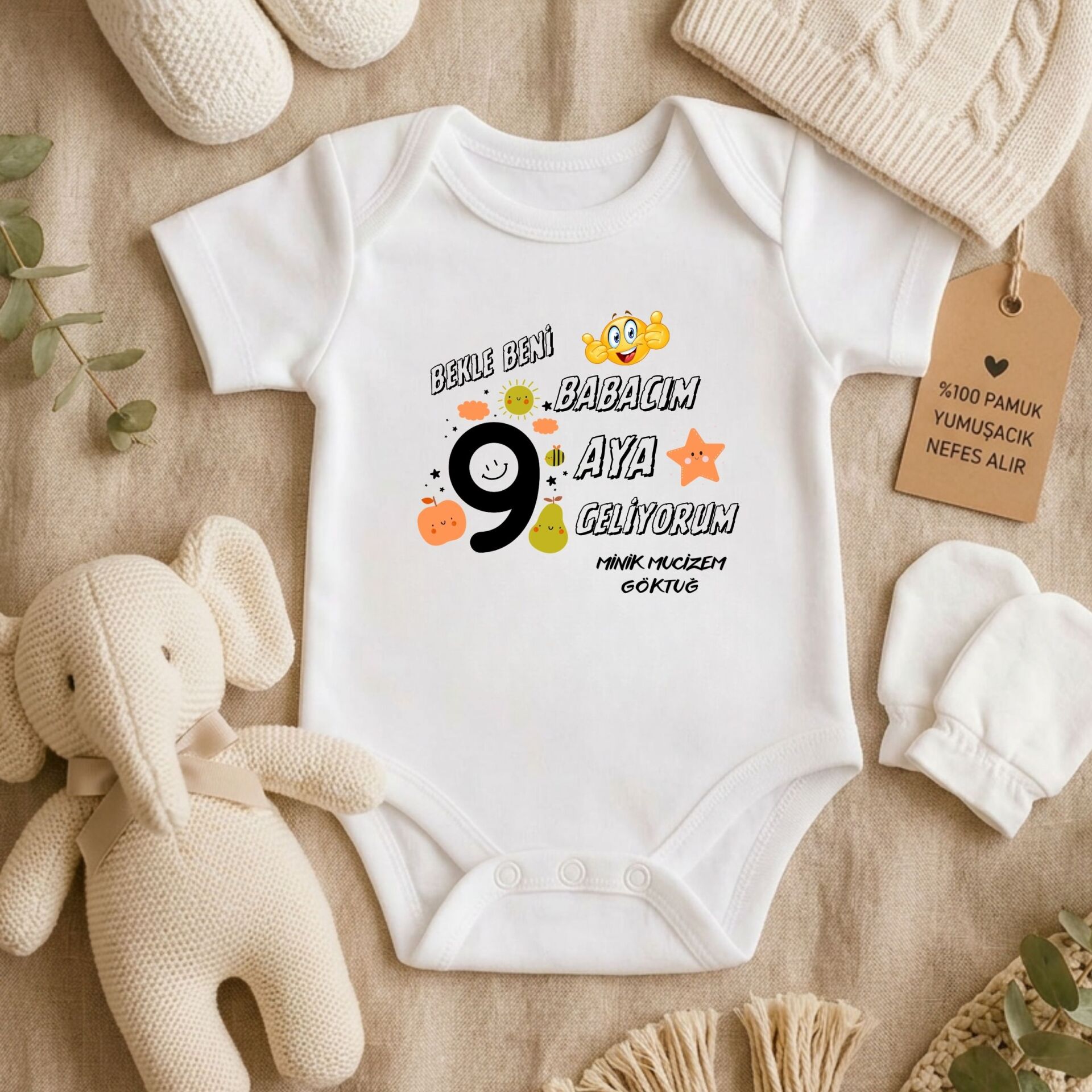 ''Bekle Beni Babacım'' Yazılı Kişiye Özel Bebek Zıbın - Hamilelik Müjdeli %100 Pamuklu Body