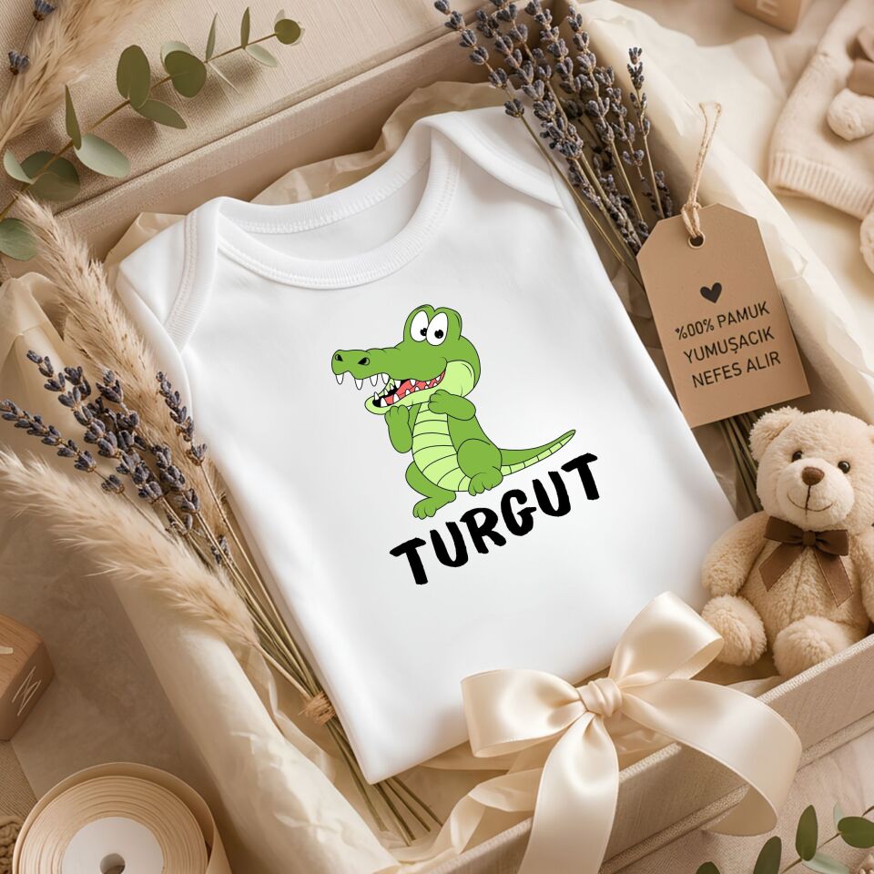 Sevimli Timsah Karakterli Kişiye Özel Bebek Zıbın - İsimli %100 Pamuklu