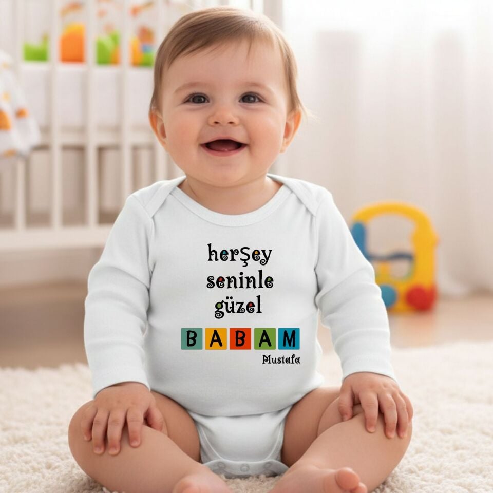 Her Şey Seninle Güzel Yazılı Kişiye Özel Bebek Zıbın - %100 Pamuklu