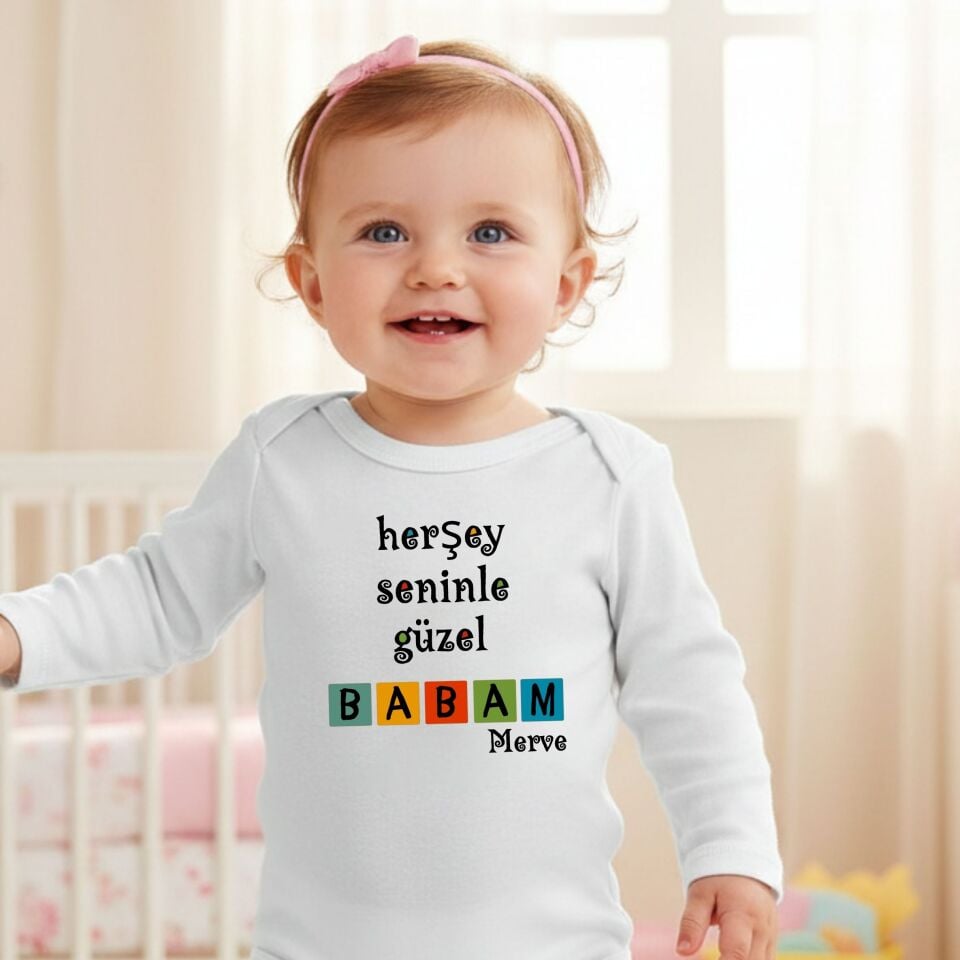 Her Şey Seninle Güzel Yazılı Kişiye Özel Bebek Zıbın - %100 Pamuklu