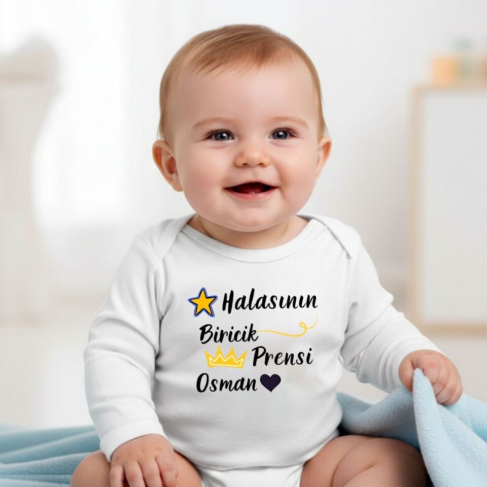 Halasının Biricik Prensi Yazılı Kişiye Özel Bebek Zıbın - İsimli %100 Pamuklu