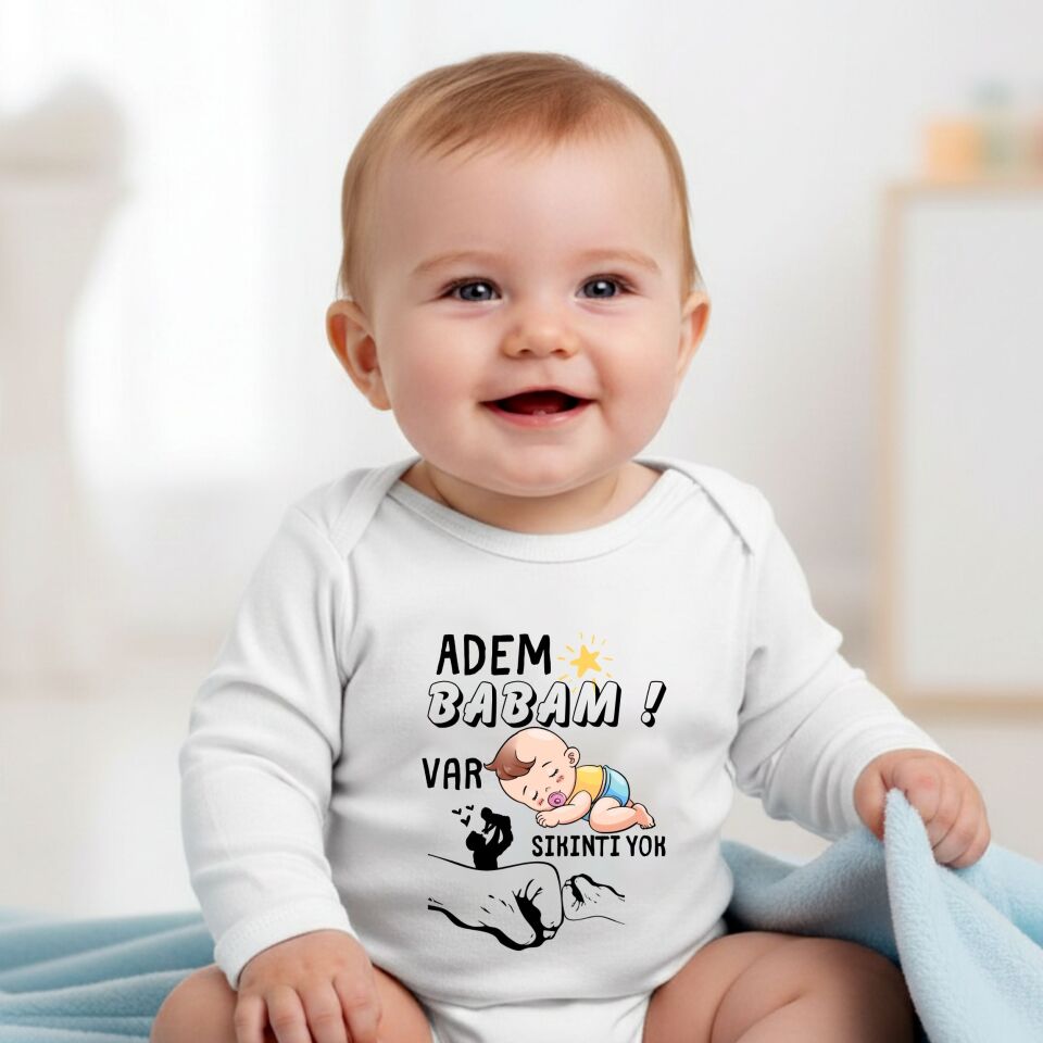 ''Babam Var Sıkıntı Yok!'' Eğlenceli İsim Yazılabilir Yeni Doğan İçin Kişiye Özel Bebek Zıbın