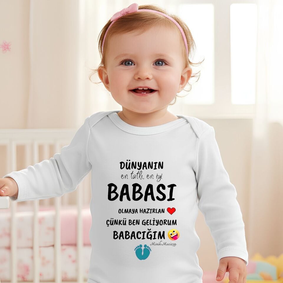 Çünkü Ben Geliyorum Babacığım Yazılı Kişiye Özel Bebek Zıbın - Hamilelik Müjdesi Bebek Zıbın