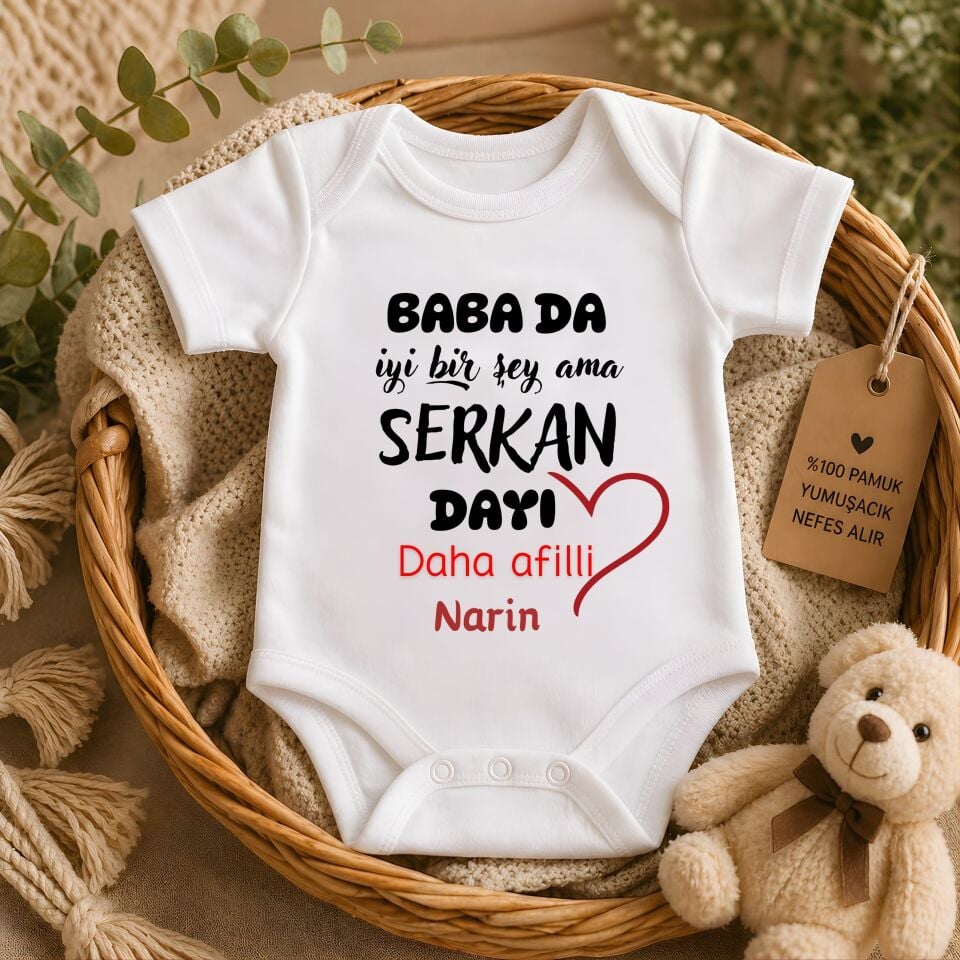 Esprili Kalp Detaylı Kişiye Özel Bebek Zıbın - Dayı Daha Afilli Tasarımlı