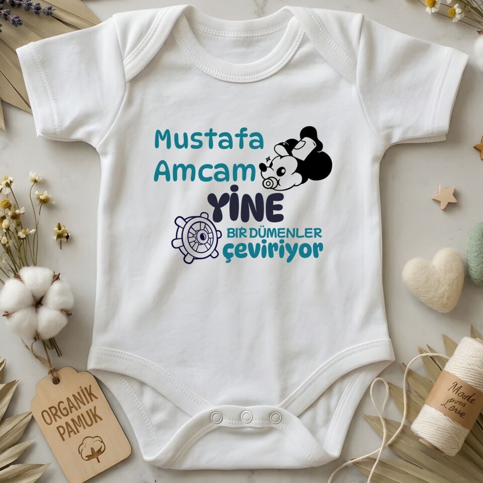 Kişiye Özel İsimli ''Amcam/Dayım Yine Dümen Çeviriyor'' Bebek Zıbını - %100 Pamuk