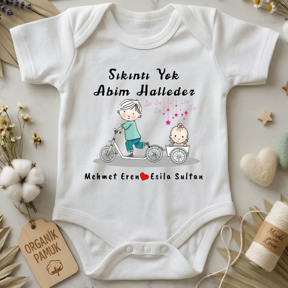 Bisiklet İllüstrasyonlu İkili Abi Kardeş Kombini - Kişiye Özel Çocuk Tişört ve Bebek Zıbın Seti
