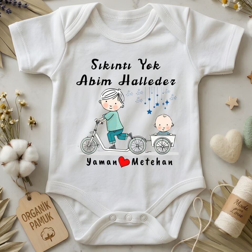 Bisiklet İllüstrasyonlu İkili Abi Kardeş Kombini - Kişiye Özel Çocuk Tişört ve Bebek Zıbın Seti