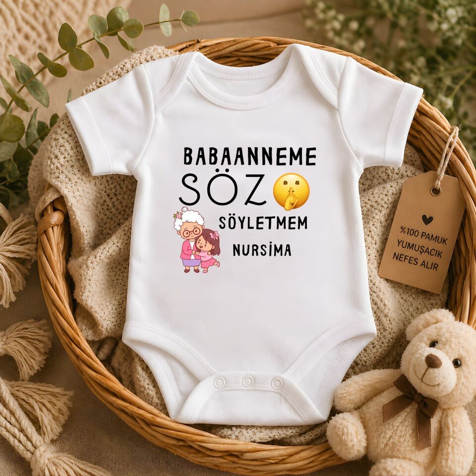 Sevimli Büyükanne İllüstrasyonlu Kişiye Özel Bebek Zıbın - Büyükanneye Söz Söyletmem Tasarımlı