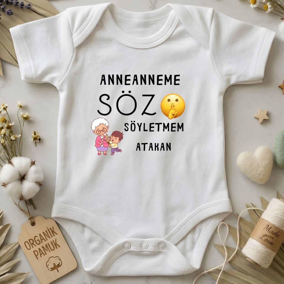 Sevimli Büyükanne İllüstrasyonlu Kişiye Özel Bebek Zıbın - Büyükanneye Söz Söyletmem Tasarımlı