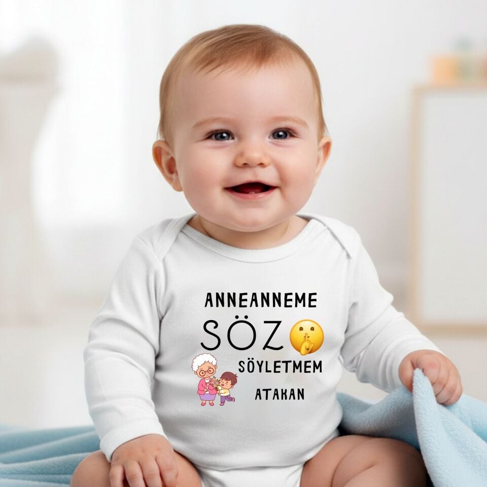 Sevimli Büyükanne İllüstrasyonlu Kişiye Özel Bebek Zıbın - Büyükanneye Söz Söyletmem Tasarımlı