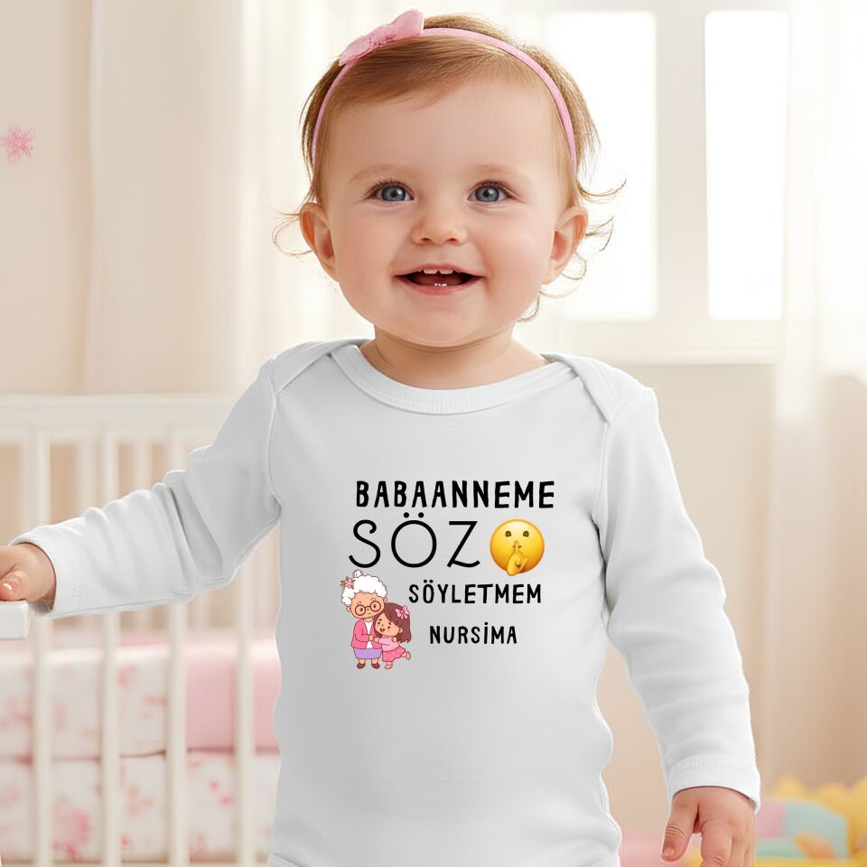 Sevimli Büyükanne İllüstrasyonlu Kişiye Özel Bebek Zıbın - Büyükanneye Söz Söyletmem Tasarımlı
