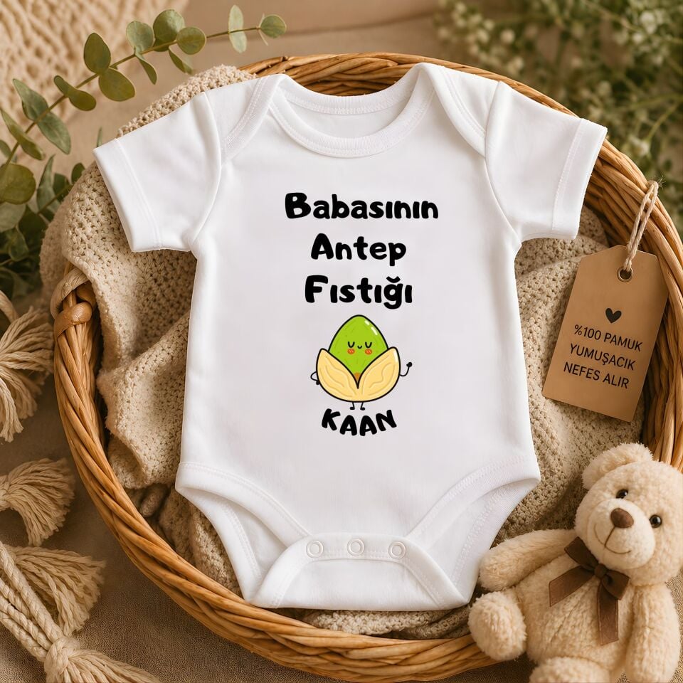 Sevimli Fıstık İllüstrasyonlu Kişiye Özel Bebek Zıbın - Babasının Antep Fıstığı Tasarımlı