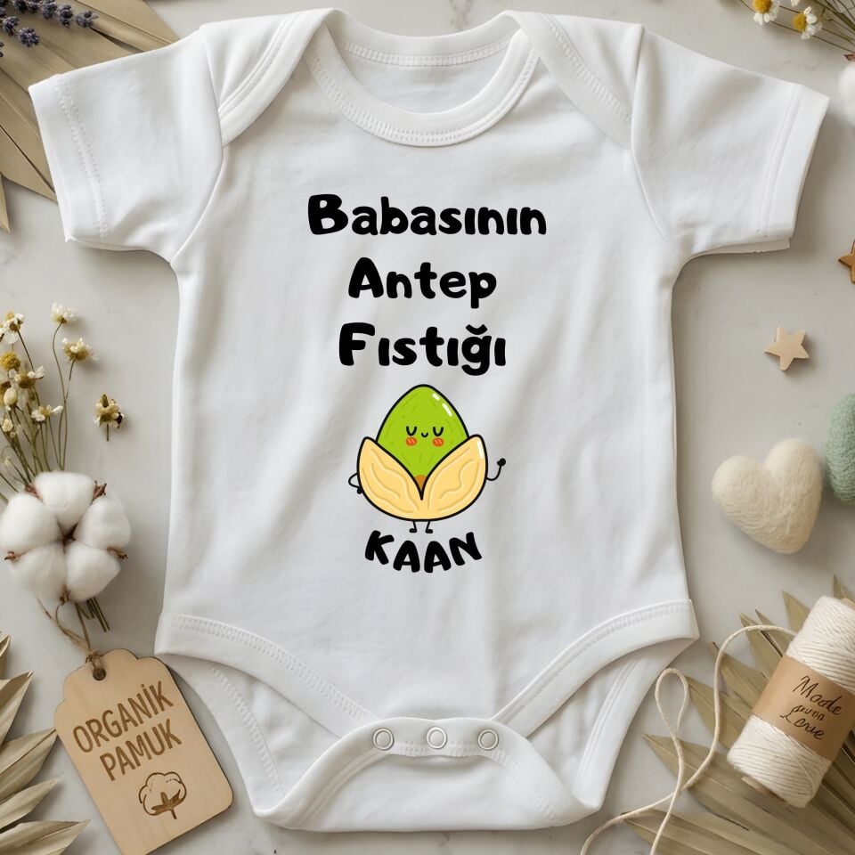 Sevimli Fıstık İllüstrasyonlu Kişiye Özel Bebek Zıbın - Babasının Antep Fıstığı Tasarımlı