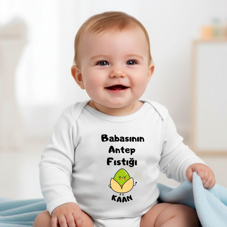 Sevimli Fıstık İllüstrasyonlu Kişiye Özel Bebek Zıbın - Babasının Antep Fıstığı Tasarımlı