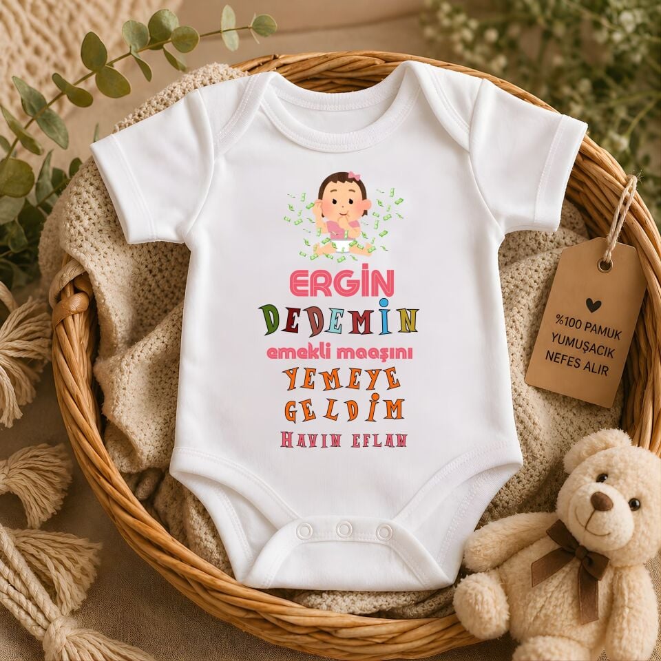 Dedelere Özel Esprili Kişiye Özel Bebek Zıbın - Dedemin Emekli Maaşını Yemeye Geldim