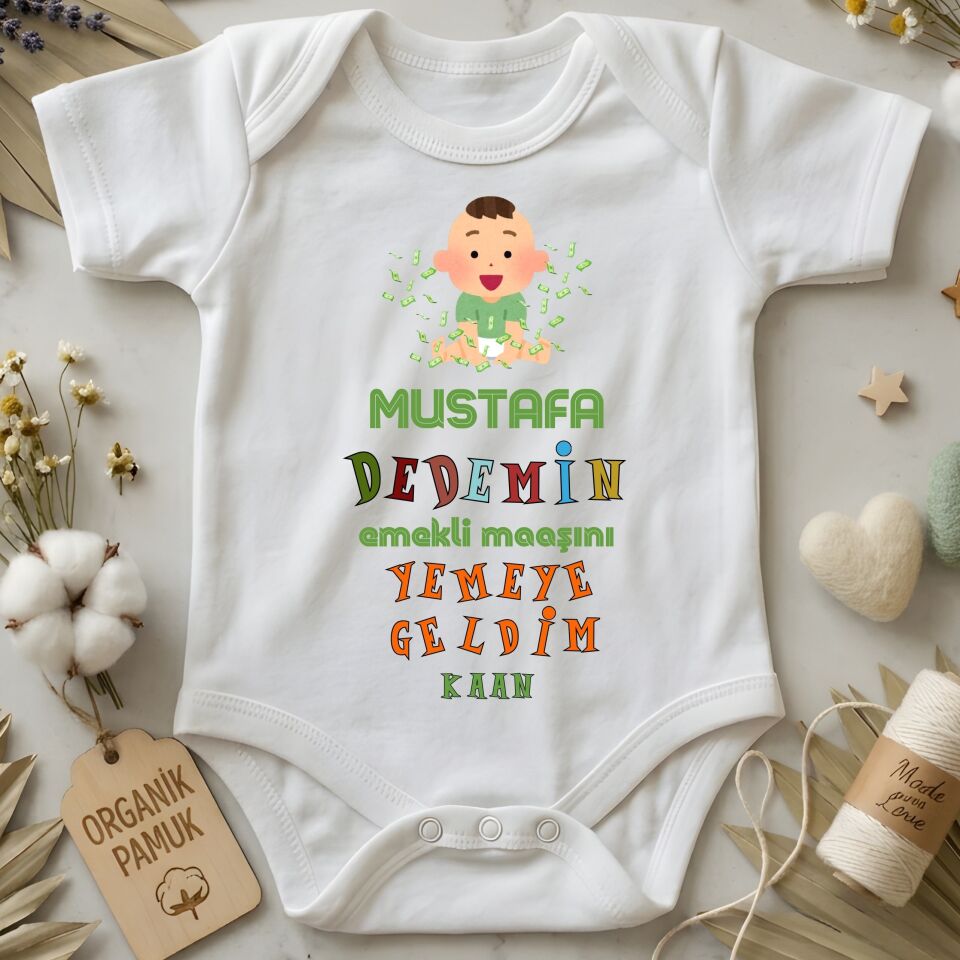 Dedelere Özel Esprili Kişiye Özel Bebek Zıbın - Dedemin Emekli Maaşını Yemeye Geldim
