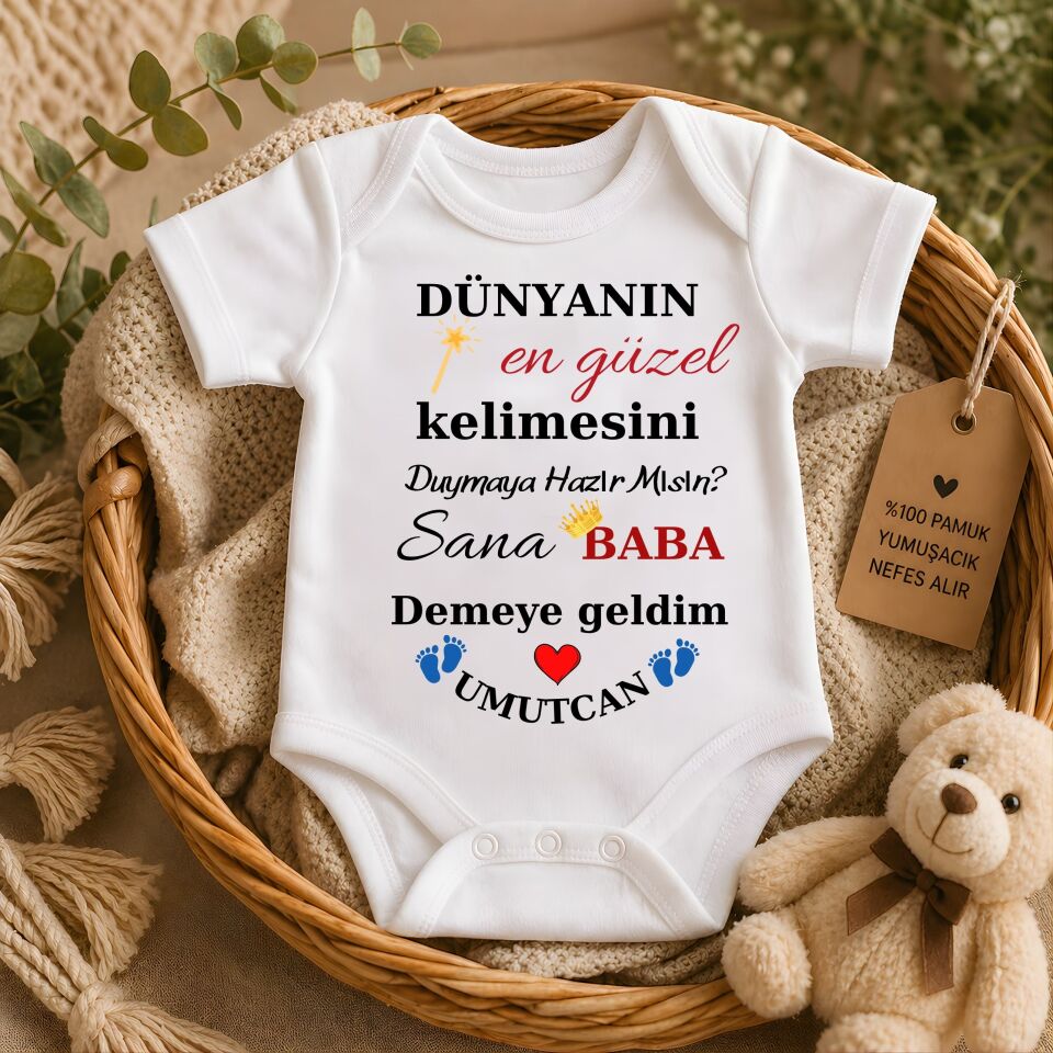 ''Sana Baba Demeye Geldim'' Tasarımlı Kişiye Özel Bebek Zıbın - Babaya Sürpriz Hediyelik