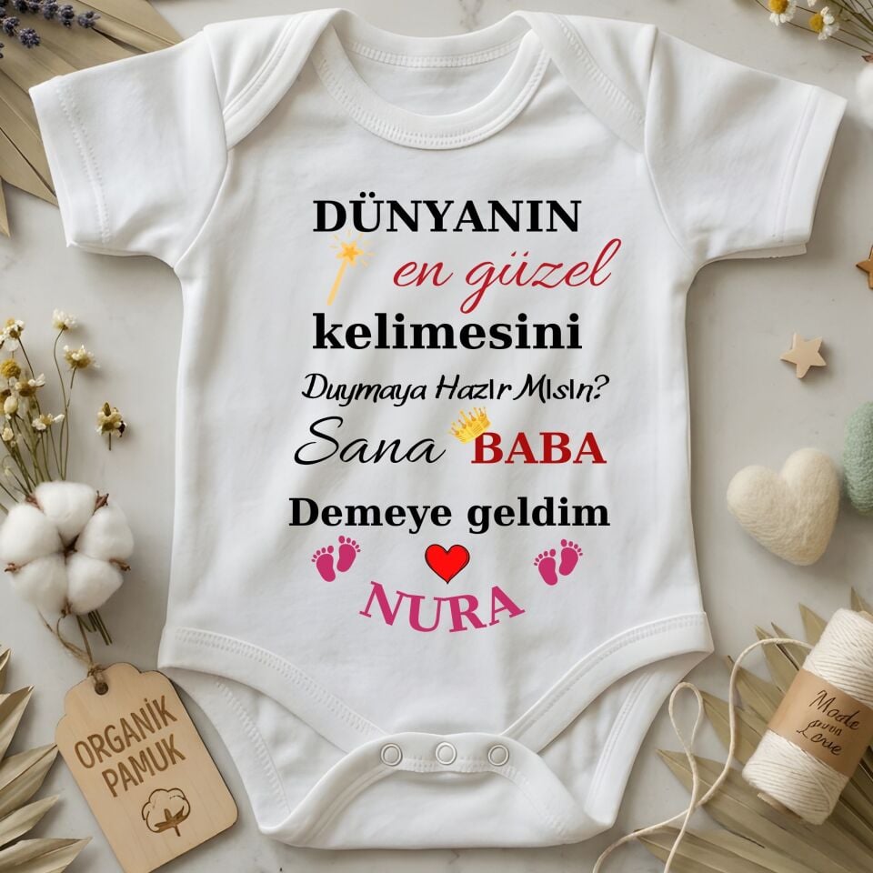 ''Sana Baba Demeye Geldim'' Tasarımlı Kişiye Özel Bebek Zıbın - Babaya Sürpriz Hediyelik